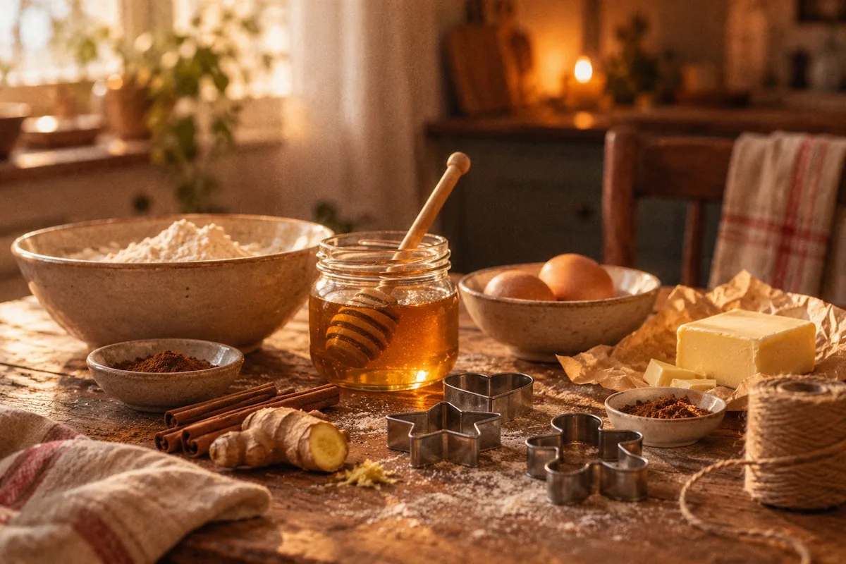 Продукты для имбирных пряников на деревянном столе: мёд, масло, яйца, мука, корица, имбирь, формочки и льняной шпагат