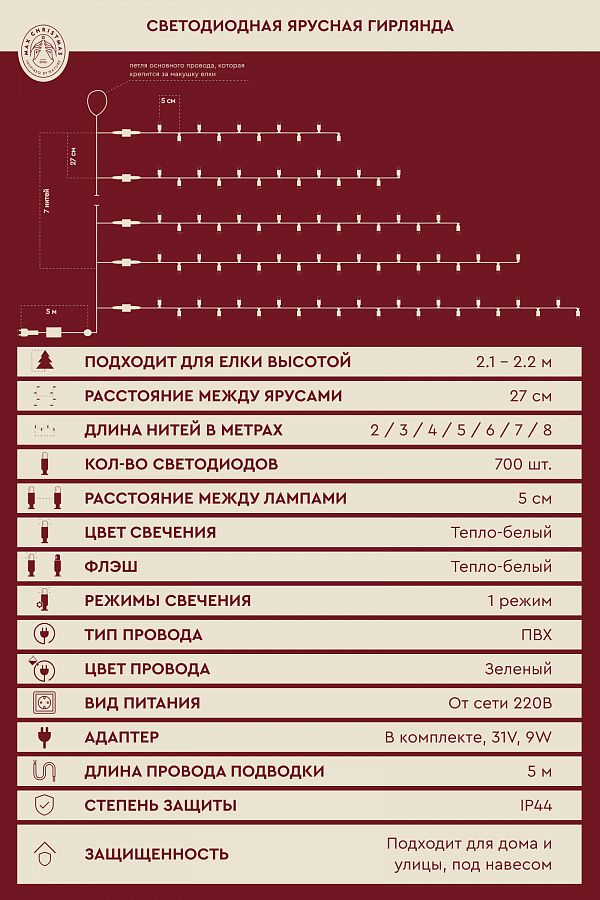 Светодиодная ярусная гирлянда на елку, тепло белый свет с мерцанием (2,1м/700л)2