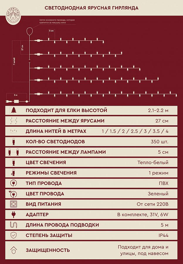 Светодиодная ярусная гирлянда на елку, тепло белый свет (2,1м/350л)2