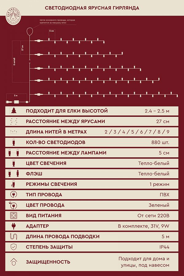 Светодиодная ярусная гирлянда на елку, тепло белый свет с мерцанием (2,4м/880л)2