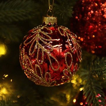 Шар красный золотые веточки 8 см 07671