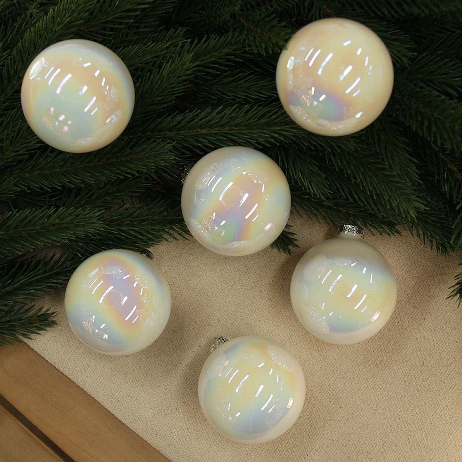 Набор шаров база перламутровый белый 8 см 6 шт, стекло2