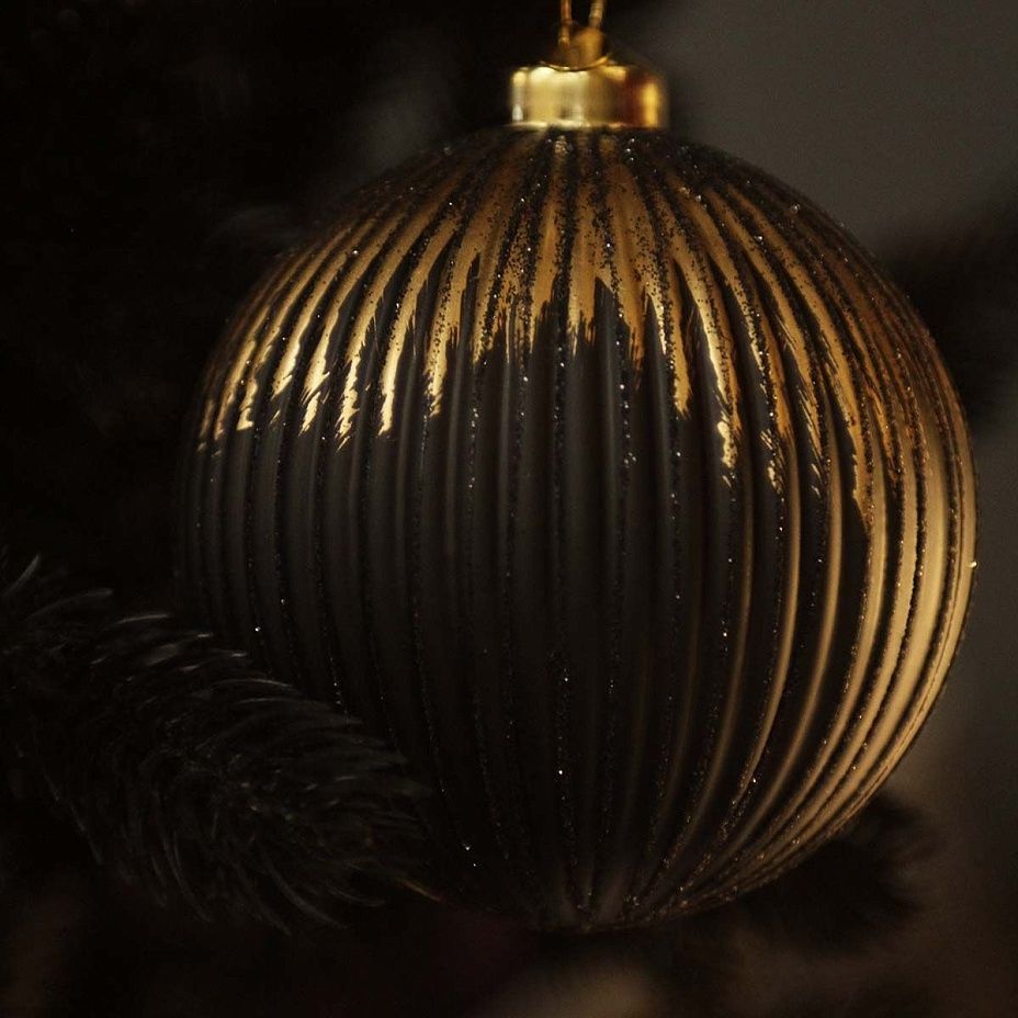 Шар ребристый 10 см, черный-золото 31262