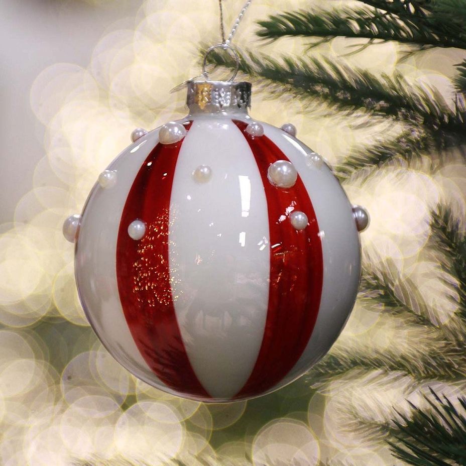 Шар красно-белый с бусинками 12 см 30812